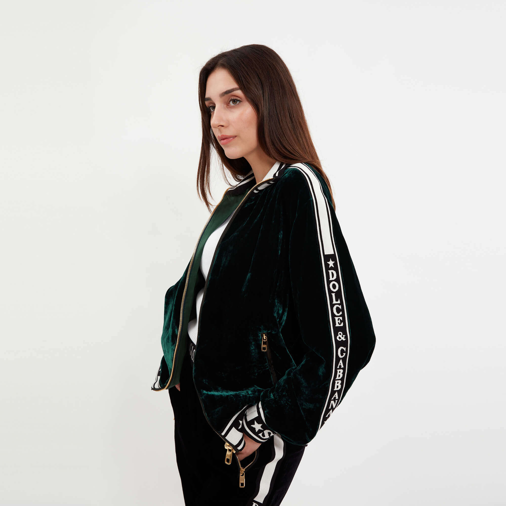 Dolce&Gabbana - Green Velvet DG Star Logo Stripe Front Zip Jacket & Jogger Pants Set